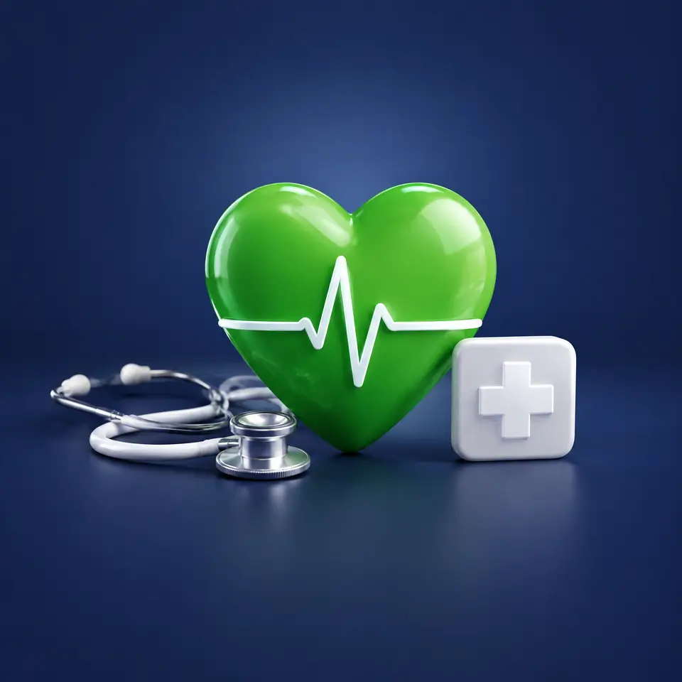 Illustration: a green heart with a heartbeat line, a stethoscope and a medical cross