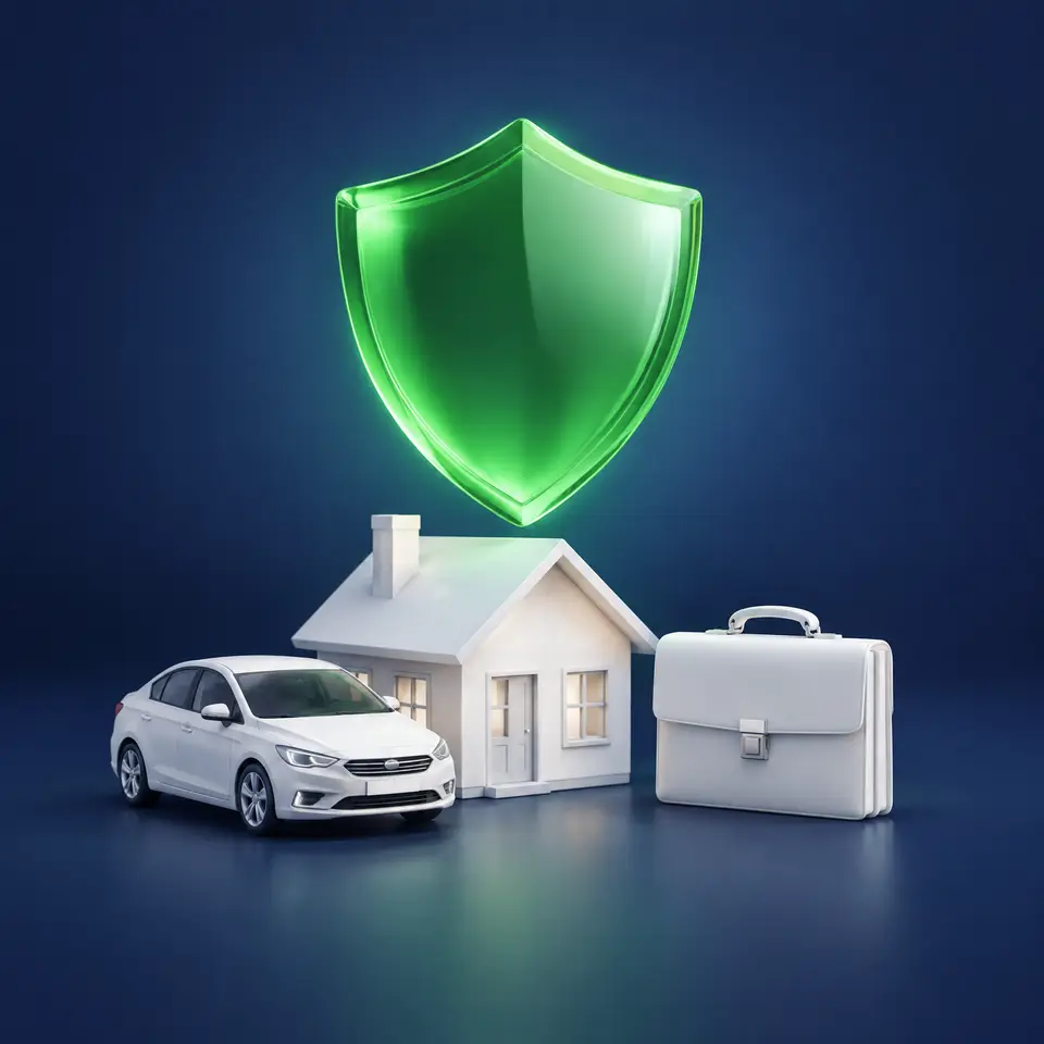 Illustration: a green shield over a house, a car and a briefcase