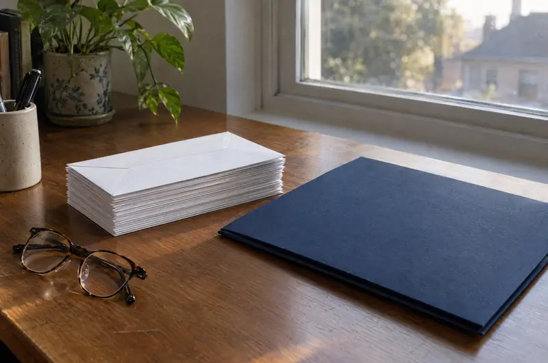 Illustration: A neat stack of envelopes and a folder on a desk by a window