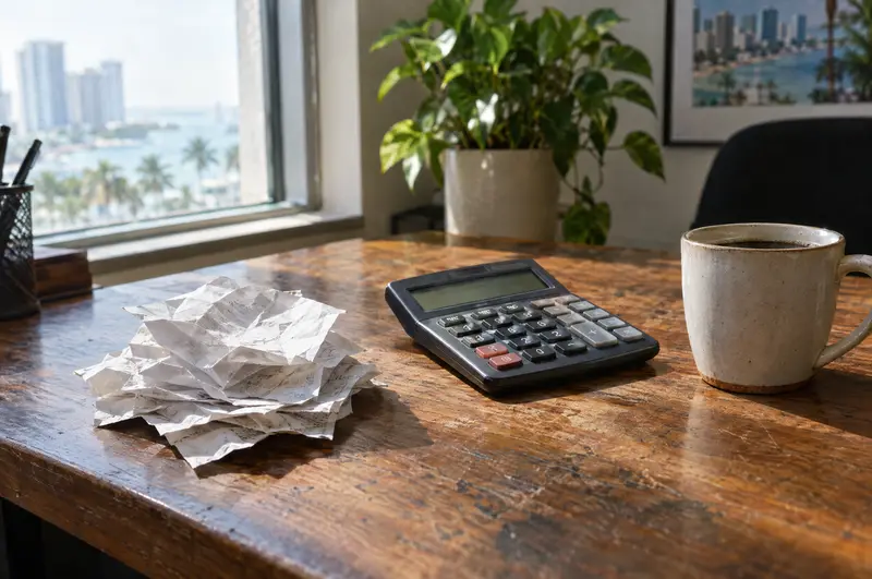 Illustration: Receipts, a calculator and a coffee on a wooden desk in morning light