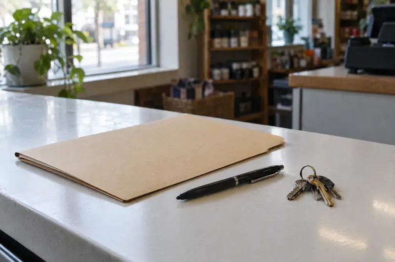Illustration: A document folder, a pen and a set of keys on a shop counter in natural light